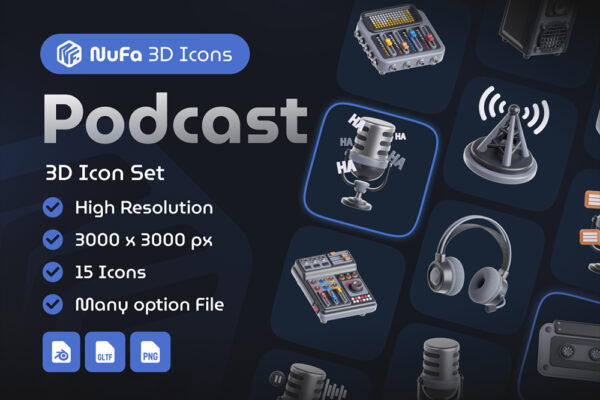 15款3D立体音乐电视台广播台话筒调频器收音机icon图标Blender插画模型设计套装3D Podcast icon Set