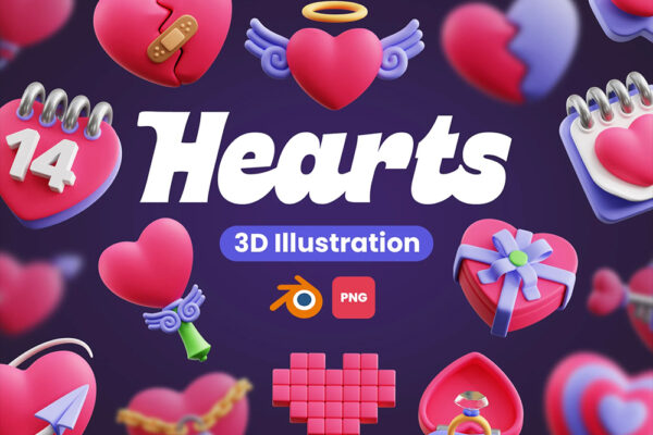 50款3D趣味卡通爱心情人节七夕icon图标Blender插画模型设计套装Hearts 3D Icons