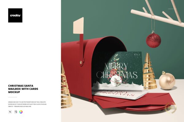 现代圣诞节新年邮箱贺卡明信片信件设计展示PSD场景样机Christmas Santa Mailbox with Cards Mockup-第8381期-