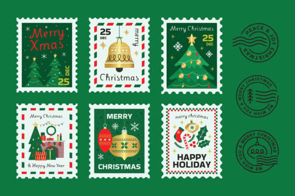 6款趣味圣诞节海报插画邮票贺卡传单Christmas greetings postage stamp