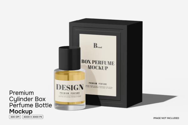 极简香水玻璃瓶包装盒纸盒标签设计展示PSD样机Perfume Bottle Mockup Box