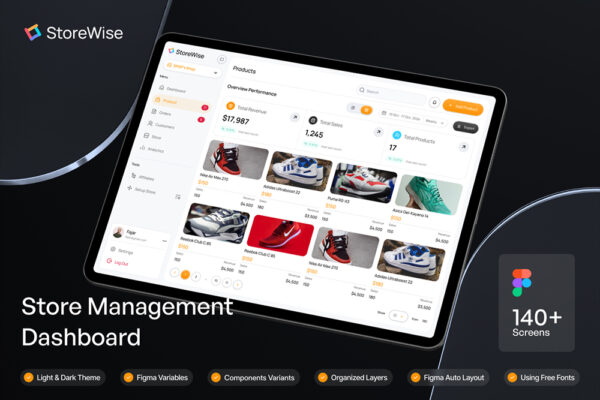 140+现代极简在线购物商店管理仪表盘后台UI页面Figma模板套件StoreWise – Store Management Dashboard UI KIT-第8432期-