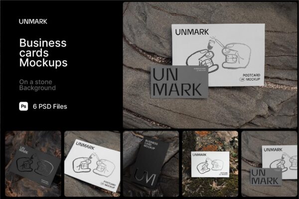 6款现代户外极简名片卡片设计展示PSD样机套装Dark Stone Mockup Bundle Business Cards & Postcards-第8447期-