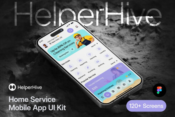 120+现代多功能家庭家政服务APP移动应用Figma页面UI设计套件Helperhive – Home Service Mobile App UI Kit-第8451期-