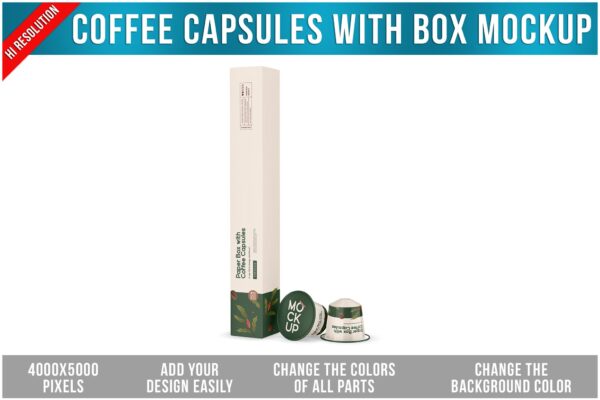 极简咖啡胶囊包装长条纸盒包装盒PSD样机Coffee capsules with box mockup