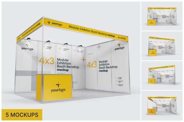 极简现代干净展览展台背景板咨询台设计展示PSD样机Modular Exhibition Stand Mockup Set, Exhibition Stand