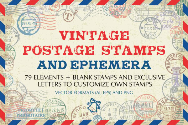 复古英伦邮票印章印戳AI矢量PNG图形设计元素套装Vintage postage stamps and ephemeral vector set