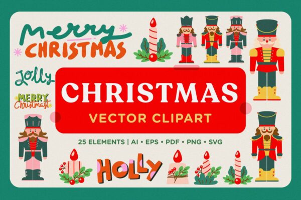 25款趣味卡通圣诞节AI矢量插画PNG插图设计元素贴纸Christmas Vector Clipart Pack