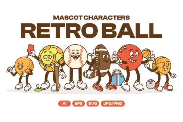 复古趣味卡通球类运动人物AI矢量插画插图PNG设计元素Retro Mascot Ball Character Illustration