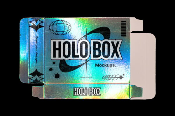 3款复古Y2K全息铝箔包装盒纸盒外观设计展示PSD样机Holographic Box – Mockup Pack