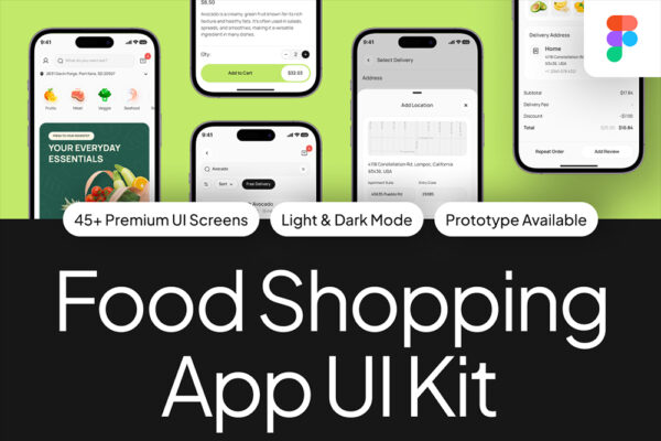 45+现代极简外卖快餐在线购物订餐移动APP页面Figma组件UI设计套件Food Shopping App UI Kit-第8481期-