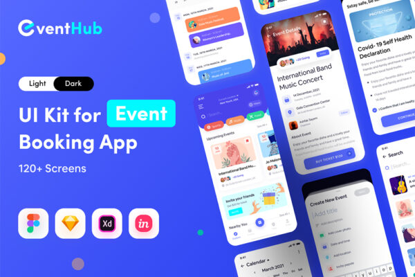 120+现代极简活动预定项目管理APP移动应用Figma页面组件UI设计套件EventHub UI Kit