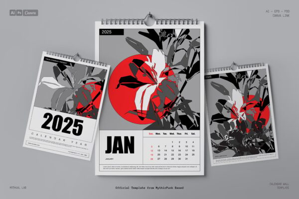 现代极简艺术花卉2025新年挂历日历AI/PSD矢量插画排版设计套装Moon Flower Calendar 2025 – Floek