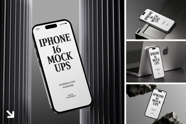 8款工业风极简艺术iPhone手机APP UI设计展示PSD样机套装iPhone 16 Tech Mockups-第8490期-