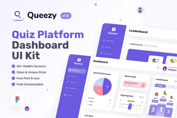 40+现代极简教育测验仪表盘数据展示UI网站网页web组件Figma设计套件Queezy Dashboard – Quiz Dashboard UI Kit