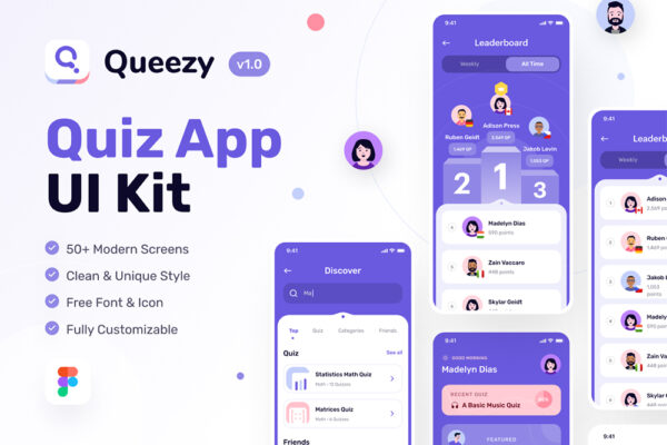 50+现代极简教育测验仪表盘数据展示APP移动应用UI组件Figma设计套件Queezy – Quiz App UI Kit