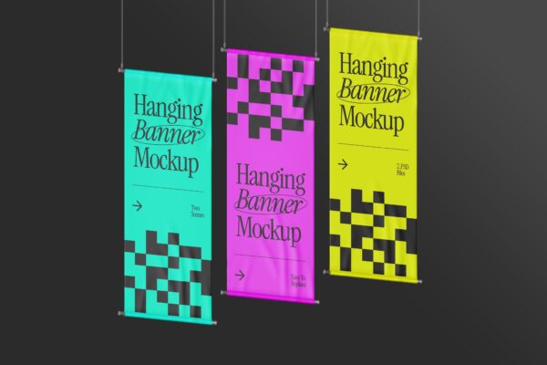 3款垂直室内旗帜挂旗海报广告设计展示PSD样机Vertical Hanging Banner Mockup 003