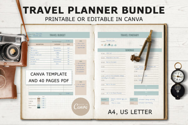 40页现代极简工作表计划表旅行规划排版设计Canva在线模板套装Canva Travel Planner Templates