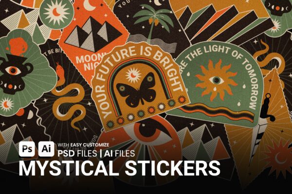 13款神秘复古塔罗占卜元素AI矢量贴纸插画徽标设计套装Mystical Stickers