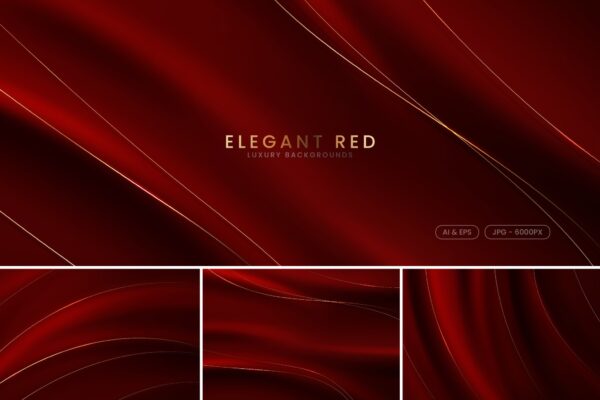 4款精致优雅红色大气年会柔和线条曲线背景壁纸图片Elegant red abstract backgrounds with golden lines