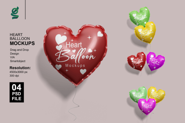 4款极简爱心情人节气球logo徽标设计展示PSD样机Heart Balloon Mockups