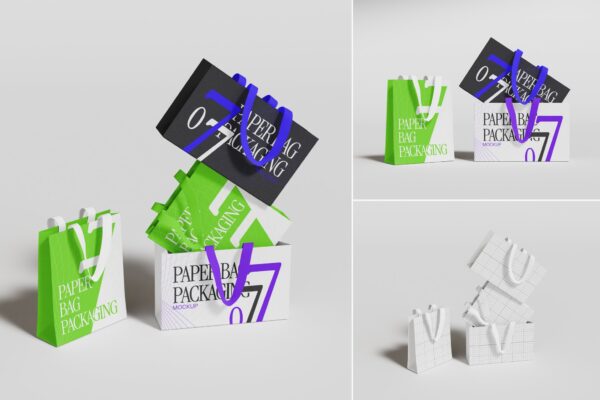 极简堆叠手提袋纸袋购物袋包装袋PSD样机Paper Bag Mockup