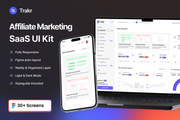 30+现代在线营销管理web网站网页APP移动应用Figma模板UI设计套件Trakr – Affiliate Marketing SaaS UI Kit-第8589期-