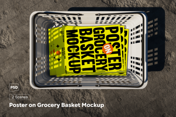 2款超市塑料购物篮海报广告传单设计展示PSD样机Poster on shopping basket mockup