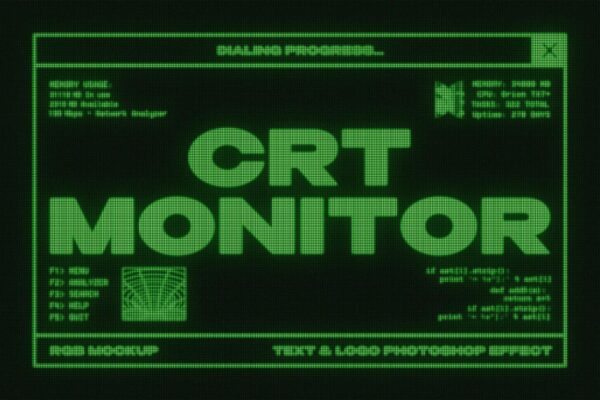 复古 CRT像素屏幕游戏Y2K艺术文本logo标题特效PSD样机CRT Monitor Text & Logo Effect