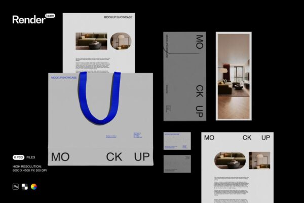 6款质感极简文创文具VI品牌纸袋海报文档信封邀请函名片PSD样机套装Brand Identity Mockup Set-第8708期-