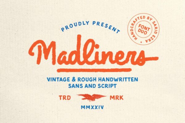 2款复古趣味手写粗糙粗犷logo徽标排版标题西文英文字体组合Madliners — Rough Font Duo