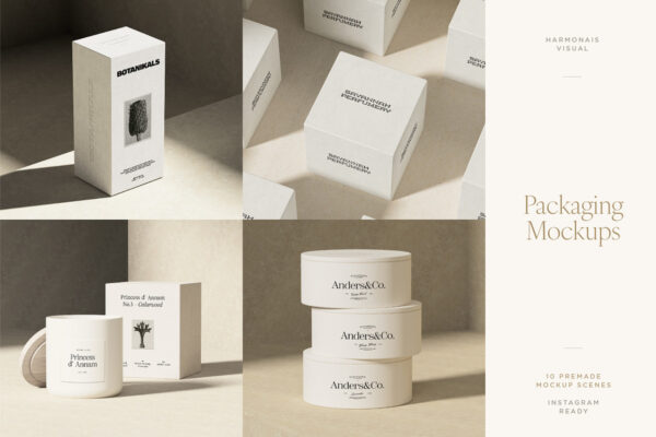 10款现代干净优雅香薰化妆品护肤品包装盒纸盒PSD样机套装Harmonais Visual-Packaging Mockups-第8910期-