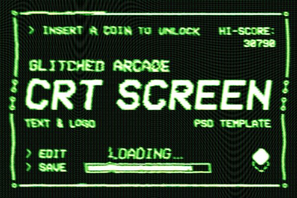 复古故障科幻未来扭曲信号失真文本标题logo特效样机Glitch arcade text and logo effect