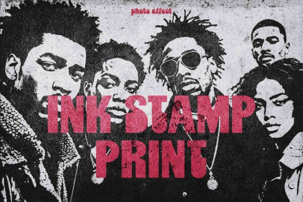 复古水墨印刷打印印章纸张叠加特效PSD样机Ink Stamp Paper Printing Photo Effect