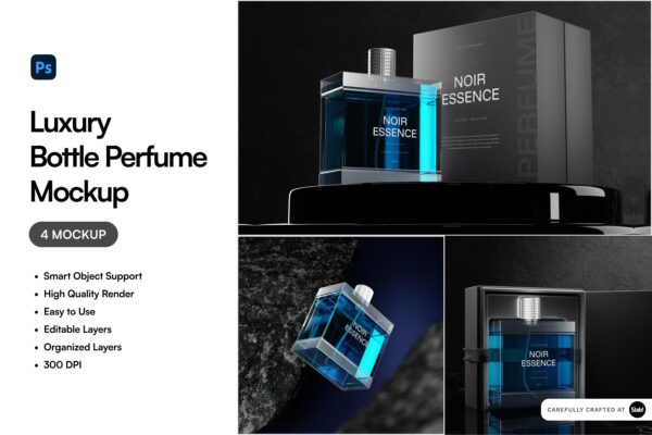 4款极简高档豪华奢侈香水瓶包装盒玻璃瓶设计展示PSD样机Luxury Bottle Perfume Mockup