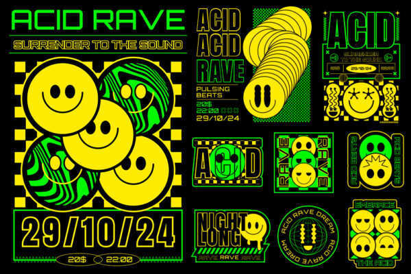 10款趣味复古酸性艺术笑脸AI矢量海报排版插画图形素材Hand drawn acid rave templates and elements set-第9138期-