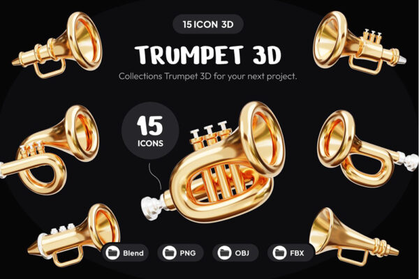 15款3D金色小号乐器iocn图标PNG插画插图Blender模型设计套装Trumpet Music Equipment 3D Icon Set