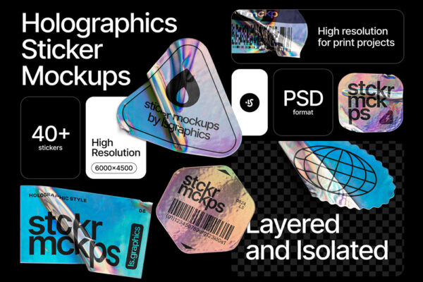 40复古燃烧做旧全息贴纸logo徽标设计展示效果图PSD样机套装Holographic Sticker Mockups-第9159期-