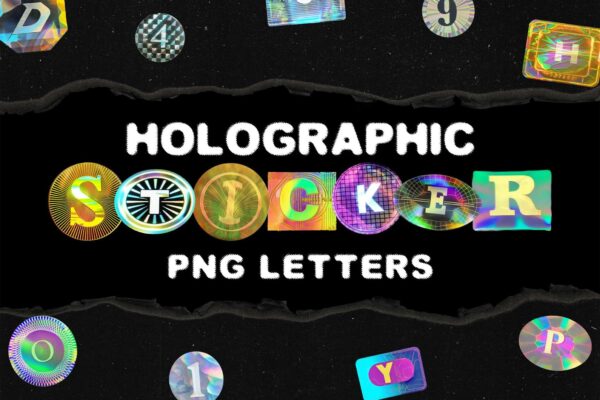 80+复古全息贴纸英文字母PNG塑料背景肌理免扣图片设计套装Holographic Sticker PNG Letters Pack-第9160期-