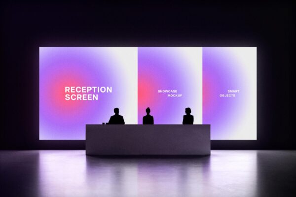 现代极简前台背景板发光数字电子LED屏幕Banner海报设计展示PSD样机Reception Screen Mockup