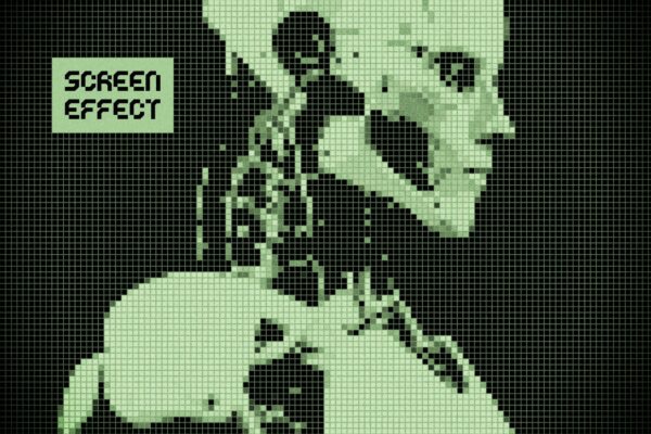 复古90年代像素颗粒方块屏幕PSD特效样机Pixels Screen Template Effect