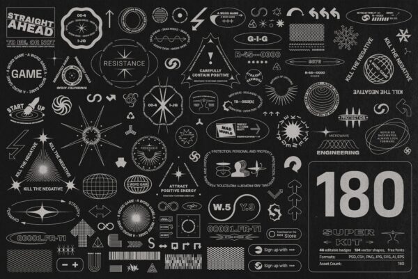 180款通用抽象艺术图形徽标logo图标AI矢量设计套装EDITABLE LOGO BADGE, SHAPES KIT BY SOFTULKA-第4335期-