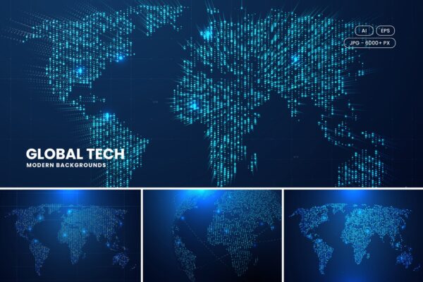4款未来主义科技科幻蓝色光点世界地图AI矢量背景图片Blue Dots Technology World Map Backgrounds