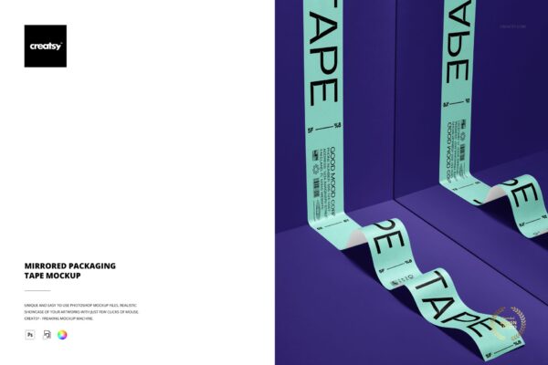 1款极简胶带打包带文创印花设计展示PSD样机Mirrored Packaging Tape Mockup by Creatsy®-第9010期-