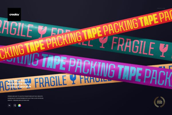1款极简胶带打包带文创印花设计展示PSD样机Multiple Sizes Packaging Tapes Close-up Mockup by Creatsy®-第9010期-