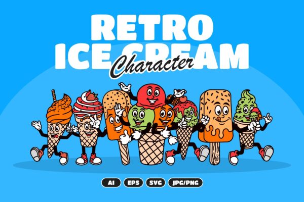 复古趣味手绘冰淇淋雪糕拟人角色AI矢量插画插图Ice cream character