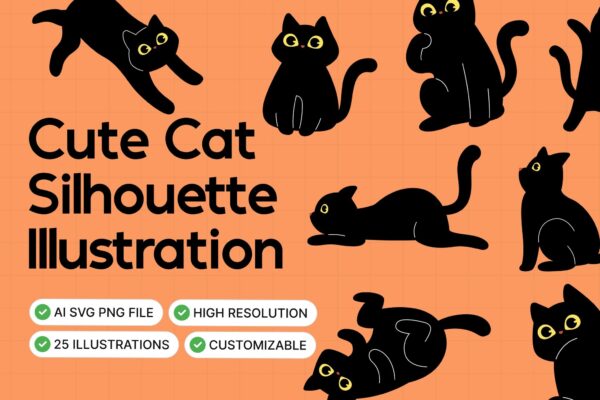 25款手绘可爱猫咪AI矢量插画插图PNG图片Cute Cat Silhouette Illustration Set