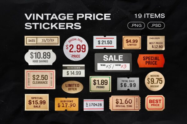 19款复古价格标签标签贴纸logo徽标PSD样机PNG图片设计元素Vintage Price Stickers