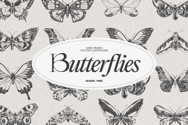 48款复古手绘蝴蝶AI矢量插画插图图形PNG图片设计套装Drawings of butterflies-第9224期-