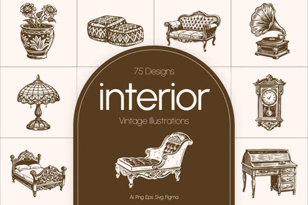 75款复古经典室内家具AI手绘矢量插画插图PNG图片设计套装Vintage Interior illustration Set-第9228期-